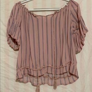 off the shoulder pink shirt